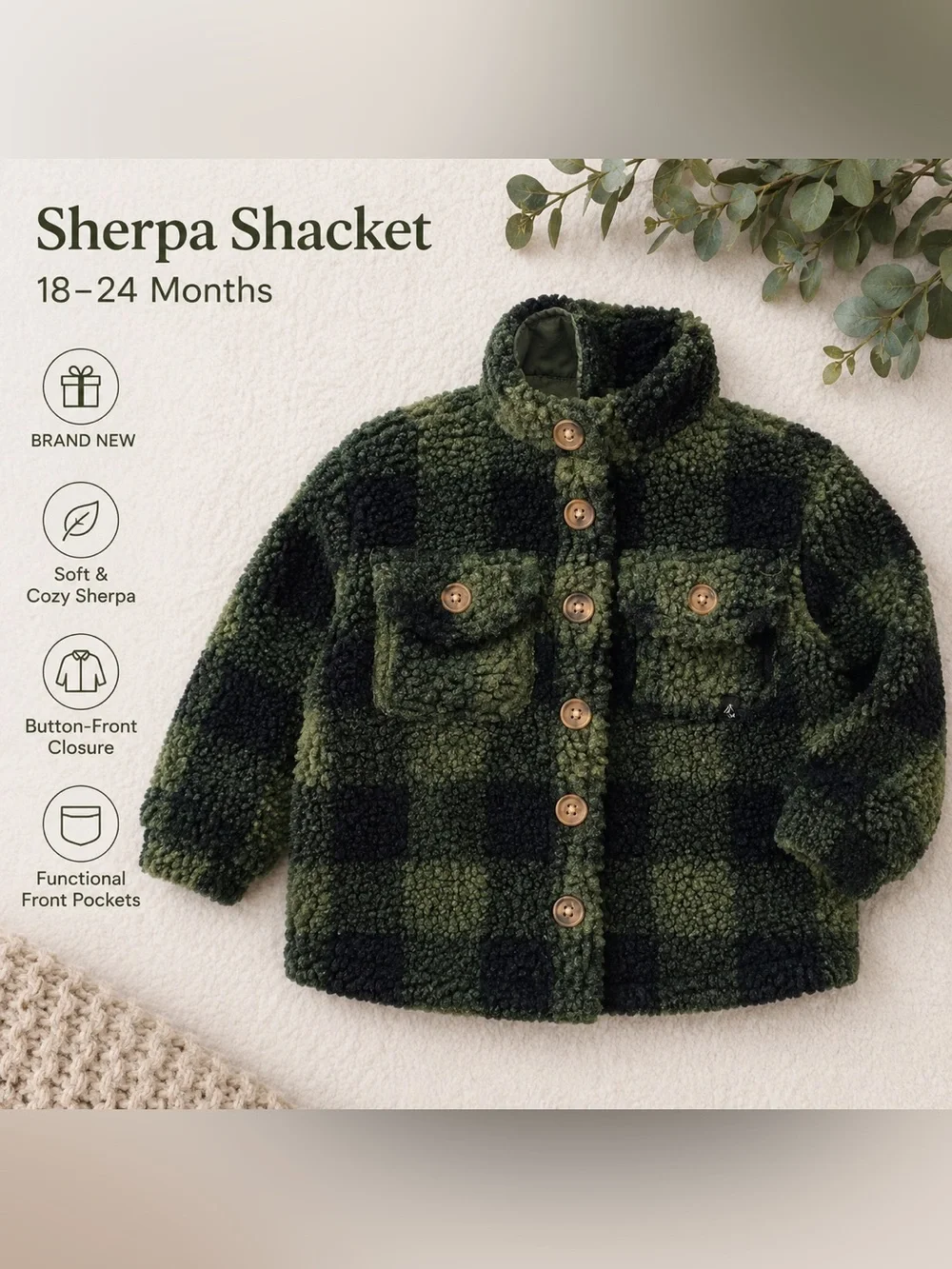 Kids Sherpa Shacket - Green Plaid - Picture 1 of 1